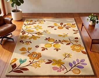 Bloemenpatroon vloerkleed, handgetuft wollen tapijt, retro crèmekleurig en geel bloemenkleed, cottagecore kamerdecoratie, op maat gemaakt hoogpolig tapijt 8x10 10x14