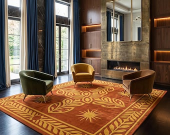 Terracotta Botanical Area Rug | Rust Orange & Mustard Art Deco Hand Tufted Custom Wool Rug | Mid Century Modern Living Room Deco 9x12, 10x14