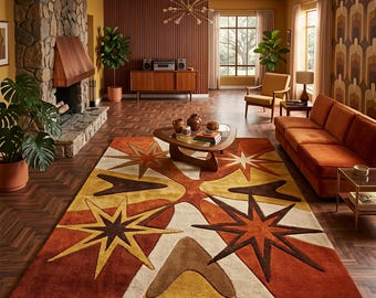 Handgetuft wollen tapijt met atomisch sterrenpatroon, geometrisch tapijt in mid-century modern stijl.