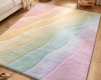 Pastell Regenbogen gewellter handgetufteter Teppich - weicher Bouclé Textur Moderner Bereich Teppich für Kinderzimmer