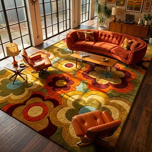 Retro 70s Floral Hand Tufted Rug – Sculpted Flower Mid Century Modern Carpet