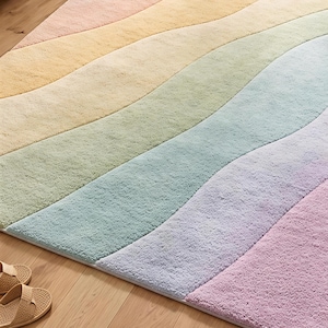 Pastel Rainbow Wavy Hand-Tufted Rug - Soft Bouclé Texture Modern Area Rug for Nursery