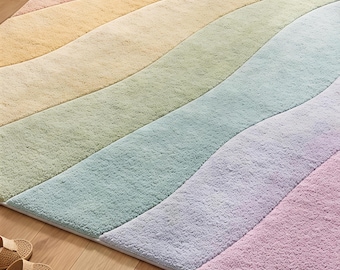 Pastel regenboog golvend handgetuft vloerkleed - zacht modern vloerkleed met boucléstructuur voor kinderkamer