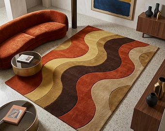 Retro golvend vloerkleed | Handgetuft wollen tapijt met wervelpatroon, terracotta mosterd, boho-stijl, mid-century modern tapijt 7x10, 8x10, 9x12, 10x14