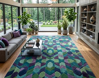 Dywan geometryczny z wełny tkany ręcznie – abstrakcyjny, fioletowo-zielony, z długim włosiem w stylu Mid Century Modern