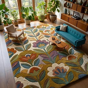 Vintage Floral Tufted Rug, Scandinavian Botanical Boho Carpet, Mid Century Living Room Home Decor