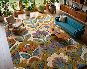 Dywan vintage z kwiatowym wzorem, skandynawski dywan boho w stylu boho, wystrój salonu w stylu mid-century