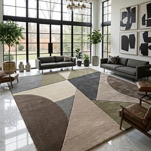 Hand-Tufted Wool Rug – Mid Century Geometric Abstract Earthy Green Brown Beige Carpet