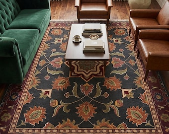 Traditional Hand-Knotted Oushak Area Rug 5x8,6x9,7x10,8x10,8x11,9x12 Floral Medallion Carpet in Dark Navy & Burgundy for Minimalist rooms