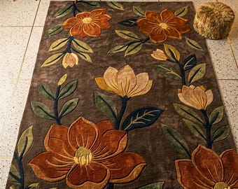 Hand Tufted Floral Area Rug, Brown Botanical Wool Rug, Large Flower Living Room Carpet, Handmade Contemporary Rug, Modern Home Decor Rug