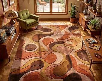 Dywan abstrakcyjny w stylu Mid Century Modern, geometryczny dywan do salonu w stylu boho z lat 70.