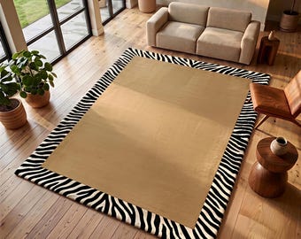 Handgetuft wollen vloerkleed, beige vloerkleed met zebraprint, modern minimalistisch vloerkleed met dierenprint, op maat gemaakt: 8x10, 9x12, vloerkleed voor de woonkamer