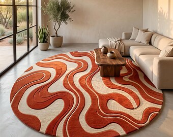 Abstract rond vloerkleed, golvend terracotta en crèmekleurig getuft tapijt, retro jaren 70 mid-century modern vloerkleed, esthetische boho woonkamerdecoratie, wervelend vloerkleed 8x8