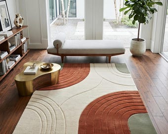 Handgetuft wollen vloerkleed, abstract terracotta ivoor saliegroen tapijt, Scandinavisch interieur