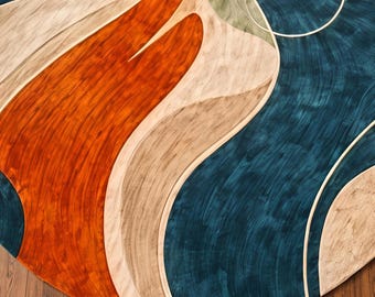 Abstract golvend wollen tapijt: handgetuft hoogpolig tapijt in mid-century modern stijl