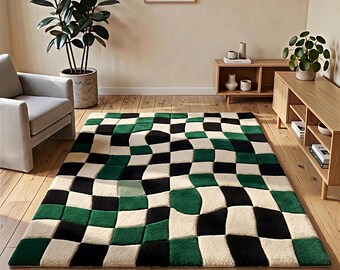 Golvend wollen vloerkleed met dambordpatroon - Handgetuft vloerkleed met golvend raster in groen, zwart en crème - Tapijt met 3D optische illusie - Moderne en hippe woonkamerdecoratie