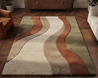 Handgetuft wollen vloerkleed, abstract terracotta saliegroen ivoorkleurig tapijt, eigentijdse woonkamerdecoratie