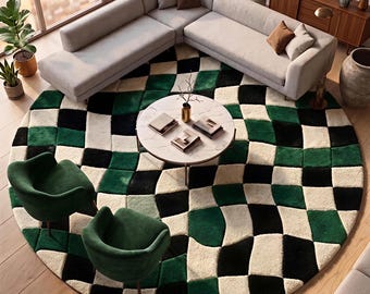 Round Checkered Wool Rug Green Black Cream, Hand Tufted Wavy Checkerboard Area Rug, Mid Century Modern Circular Carpet, Nursery decor