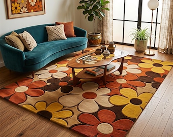 Retro jaren 70 bloemen vloerkleed | Mid-century modern bloemenkleed | Oranjebruin handgetuft wollen vloerkleed in vintage stijl voor de woonkamer, op maat gemaakt voor decoratie