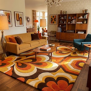 Retro Floral Hand Tufted Rug, 70s Vintage Abstract Area Rug, Mid Century Modern Carpet, Orange Brown Boho Rug for living room
