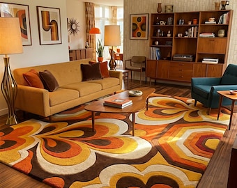 Retro Blumen Hand Getufteter Teppich, 70er Jahre Abstrakter Mid Century Modern Teppich, Orange Braun Boho Zimmer