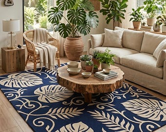Navy Blue Botanical Area Rug | Hand Tufted Wool Tropical Leaf Carpet | High Pile Monstera Rug for Living Room Bedroom | Custom Tufted Rug