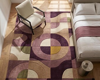 Dywan wełniany z pikowaniem w stylu Mid Century Modern | Geometryczny, fioletowo-malinowo-kremowy, abstrakcyjny | Duży, ręcznie pikowany dywan do salonu, różne rozmiary