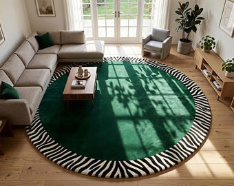 Hand Tufted Round Emerald Green Area Rug, Zebra Border Wool Rug, Modern Animal Print Circle Rug, Custom Aesthetic Living Room Bedroom Carpet