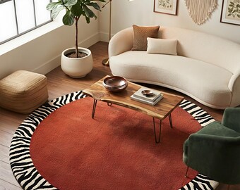 Boho Modern Round Rug Terracotta Circular Carpet Black White Zebra Border Hand-Tufted Wool Eclectic Luxury Custom Sizes 8x8, 10x10