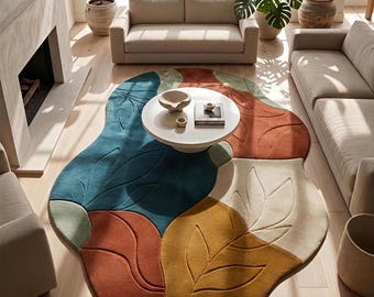 Irregular Shape Abstract Rug | Hand Tufted Botanical Leaf Area Rug | Mid Century Modern Colorful Wool Carpet for Living Room | Custom Rug