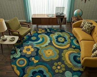 Dywan okrągły z motywem kwiatowym w stylu retro z lat 70., ręcznie tkany – dywan w stylu Mid Century Modern w kolorze musztardowym