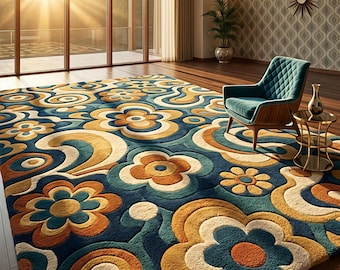 Large Retro Floral Hand Tufted Rug, 70s Mid Century Modern Area Rug, Abstract Flower Wool Rug, Custom Size Luxury Rug