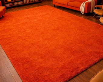 Dywan wełniany z długim włosiem w stylu Mid Century Modern, ręcznie tkany, w kolorze spalonej pomarańczy, do salonu, w stylu retro, miękki, duży dywan, estetyczny styl vintage