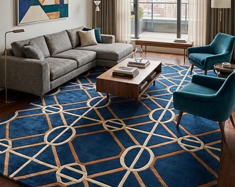 Handgetuft geometrisch vloerkleed | Blauw en goud art deco tapijt | Modern vloerkleed voor de woonkamer in mid-century stijl | Op maat gemaakt vloerkleed van Nieuw-Zeelandse wol voor de slaapkamer