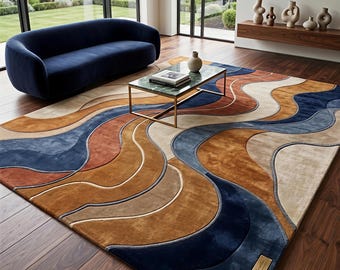 Mid Century Modern Abstract Wavy Area Rug Navy Blue & Rust Orange Hand Tufted Wool Carpet Contemporary Boho Living Room Decor Custom Rug