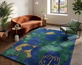 Handgetuft pop-art vloerkleed | 3D-gesneden hypebeast kamerdecoratie | Blauwgroen abstract streetwear tapijt | Modern vloerkleed voor woonkamer en slaapkamer