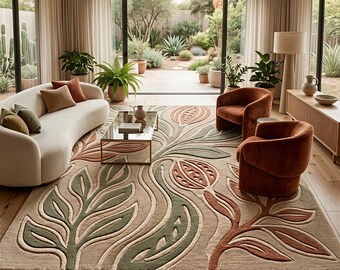 Hand Tufted Botanical Wool Rug | Abstract Leaf Area Rug Boho | Mid Century Modern Earthy Decor | Textured Sculpted Carpet Living Room