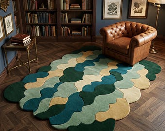 Abstract Wavy Tufted Rug | Irregular Shaped Modern Area Rug | Custom Green, Teal & Yellow Retro Carpet | Funky Aesthetic Living Room Decor