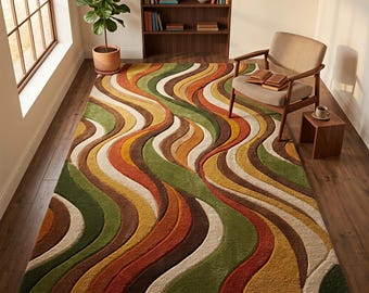 Handgetuft retro golvend tapijt | Aardetinten wervelend tapijt | Hoogpolig tapijt in mid-century modern stijl