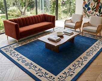 Blauw vloerkleed met bloemenrand, handgetuft wollen tapijt op maat, elegant hoogpolig vloerkleed voor de woonkamer, marineblauw beige, moderne klassieke decoratie 8x10