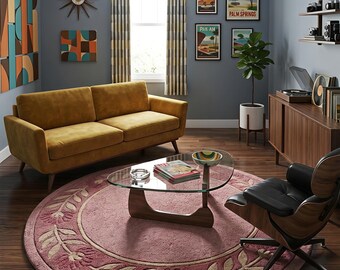 Rond roze vloerkleed met bloemenprint | Getuft tapijt in vintage mid-century modern stijl | Handgetuft, op maat gemaakt wollen rond vloerkleed voor kinderkamer of woonkamer