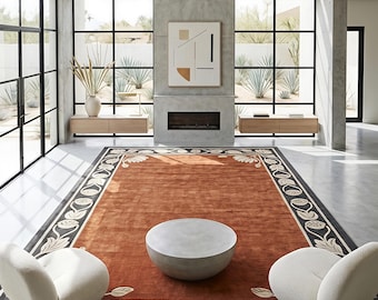 Burnt Orange Area Rug with Floral Border | Custom Hand Tufted Terracotta Carpet | Black & Beige Botanical Living Room Rug | Modern Decor