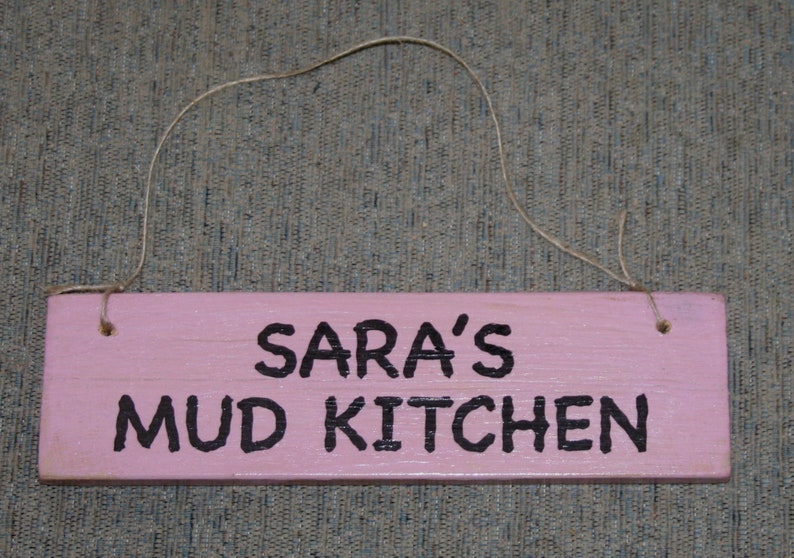 Handmade Mud Kitchen Wood Sign Custom Made Personalised Your Name Outdoor Wall Shelf Door Rescued Reclaimed Upcycled Rustic Shabby Chic Pink