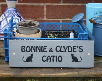 Personalised Catio Cat House Sign: Upcycled Wood Cat Room Decor