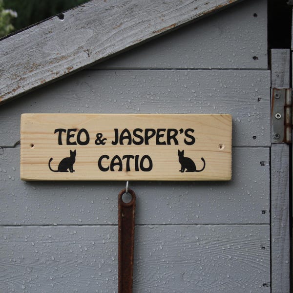 Personalised Catio Cat House Sign: Upcycled Wood Cat Room Decor