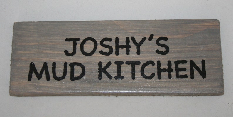 Handmade Mud Kitchen Wood Sign Custom Made Personalised Your Name Outdoor Wall Shelf Door Rescued Reclaimed Upcycled Rustic Shabby Chic Grey