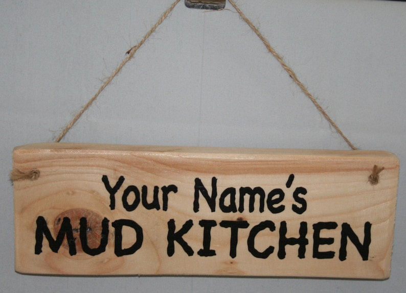 Handmade Mud Kitchen Wood Sign Custom Made Personalised Your Name Outdoor Wall Shelf Door Rescued Reclaimed Upcycled Rustic Shabby Chic Clear