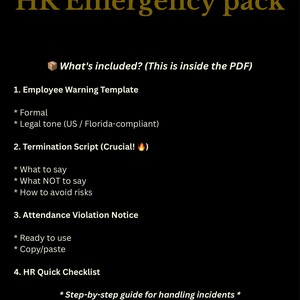 Könnte beinhalten: Schwarzer Hintergrund mit goldfarbenem Text: "HR Emergency pack". Das Bild listet den Inhalt des Pakets auf, darunter eine Mitarbeiterwarnvorlage, ein Kündigungsskript, eine Anwesenheitsverstoßmitteilung und eine HR-Schnellcheckliste.