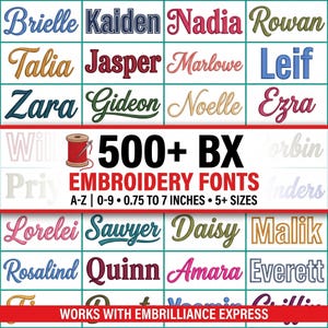 Könnte beinhalten: Ein Raster aus gestickten Namen in verschiedenen Schriftarten und Farben. In der Mitte befindet sich ein rotes Garnrollensymbol mit dem Text 500+ BX EMBROIDERY FONTS, A-Z | 0-9 | 1,9 BIS 17,8 CM | 5+ GRÖSSEN, und WORKS WITH EMBRILLIANCE EXPRESS.