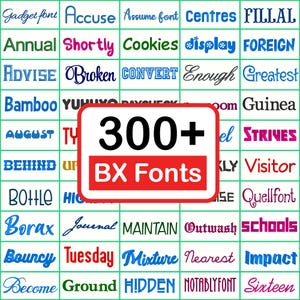 Peut inclure: Une grille de divers mots affichés dans différentes polices de style broderie, avec une boîte rectangulaire blanche centrale à bordure rouge contenant le texte noir et rouge 300+ BX Fonts, présentant une grande variété de styles typographiques.